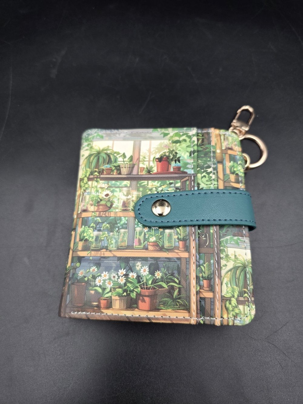 Botanical Print Card Wallet with Teal Snap Strap and Key Clip